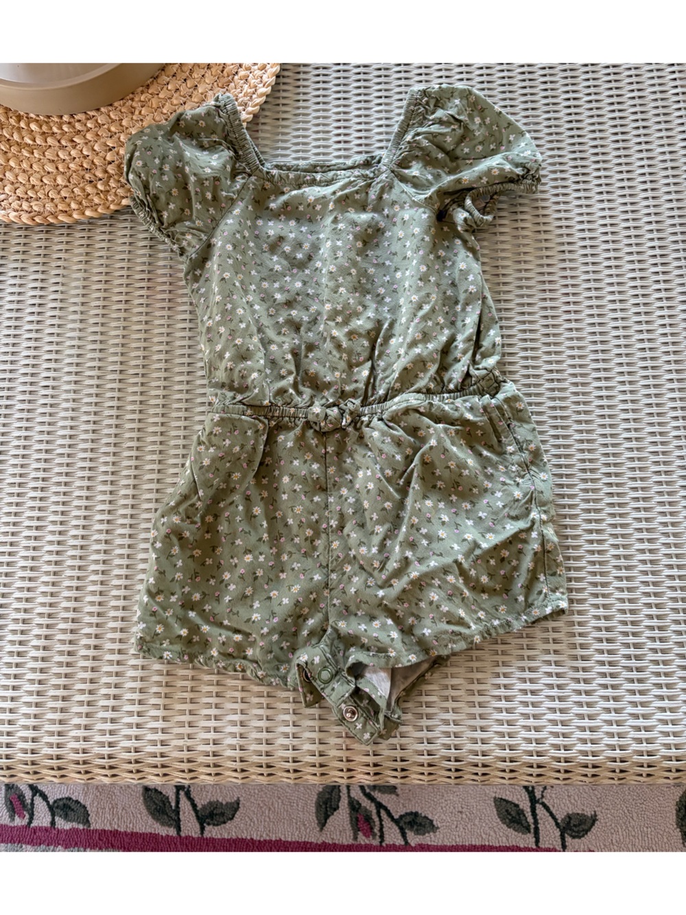 Cat & Jack Olive Green Floral Puff-Sleeve Romper